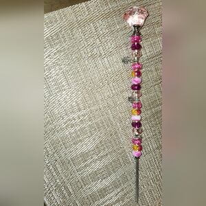 Hand Crafted Pink Rose With Crown Dangle Charms Beaded Plant/garden Stake.